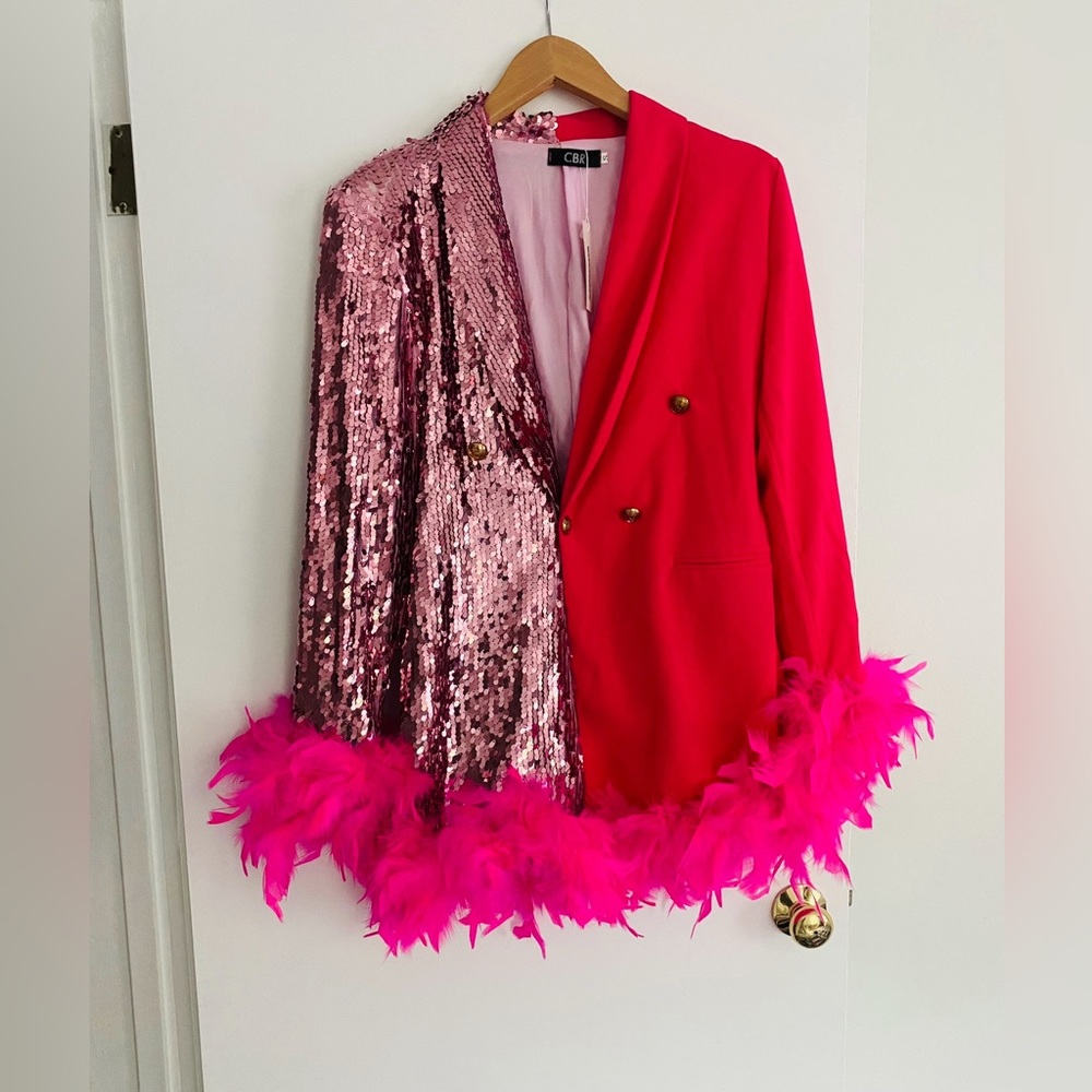 Blazer Vibrant Pink Sequin Blazer with Feather Trim - Picture 2 of 10